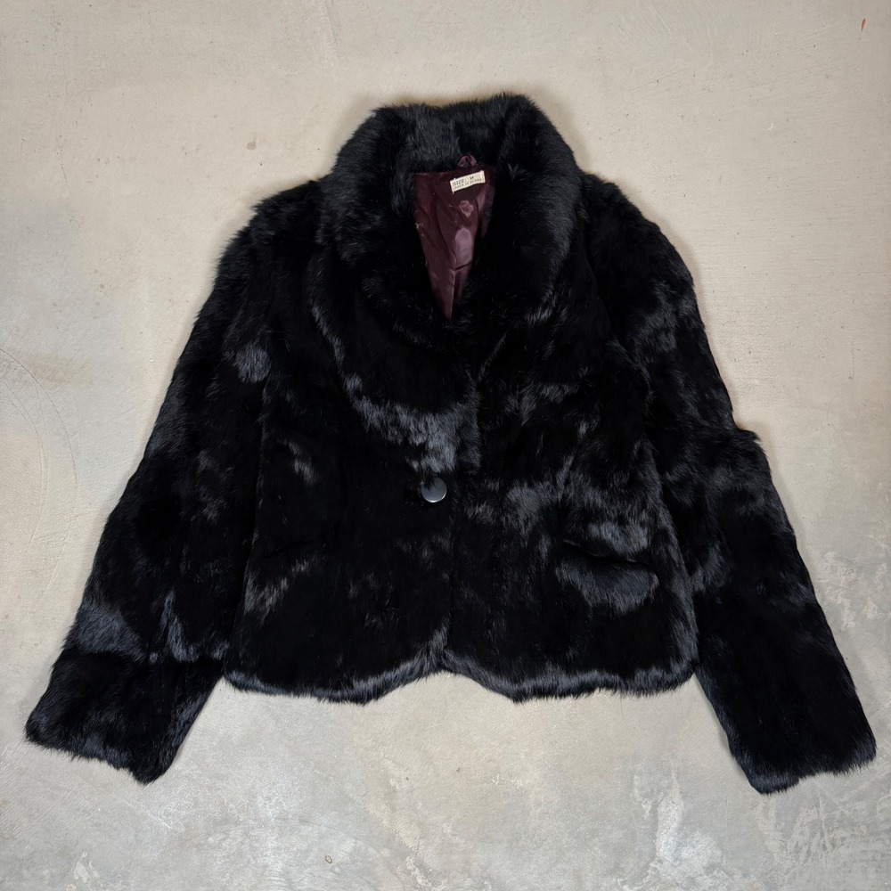 Vintage Black Real Rabbit Fur Jacket Size M Satin Lined Single Button Coat Stain